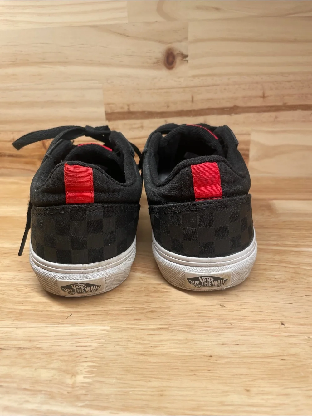 Vans Black Checkerboard Low Top Sneakers with Red Logo